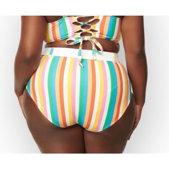 Unique Vintage Retro Rainbow Stripe Belted High Waist Swim Bikini Bottom M NWOT - Picture 3 of 4